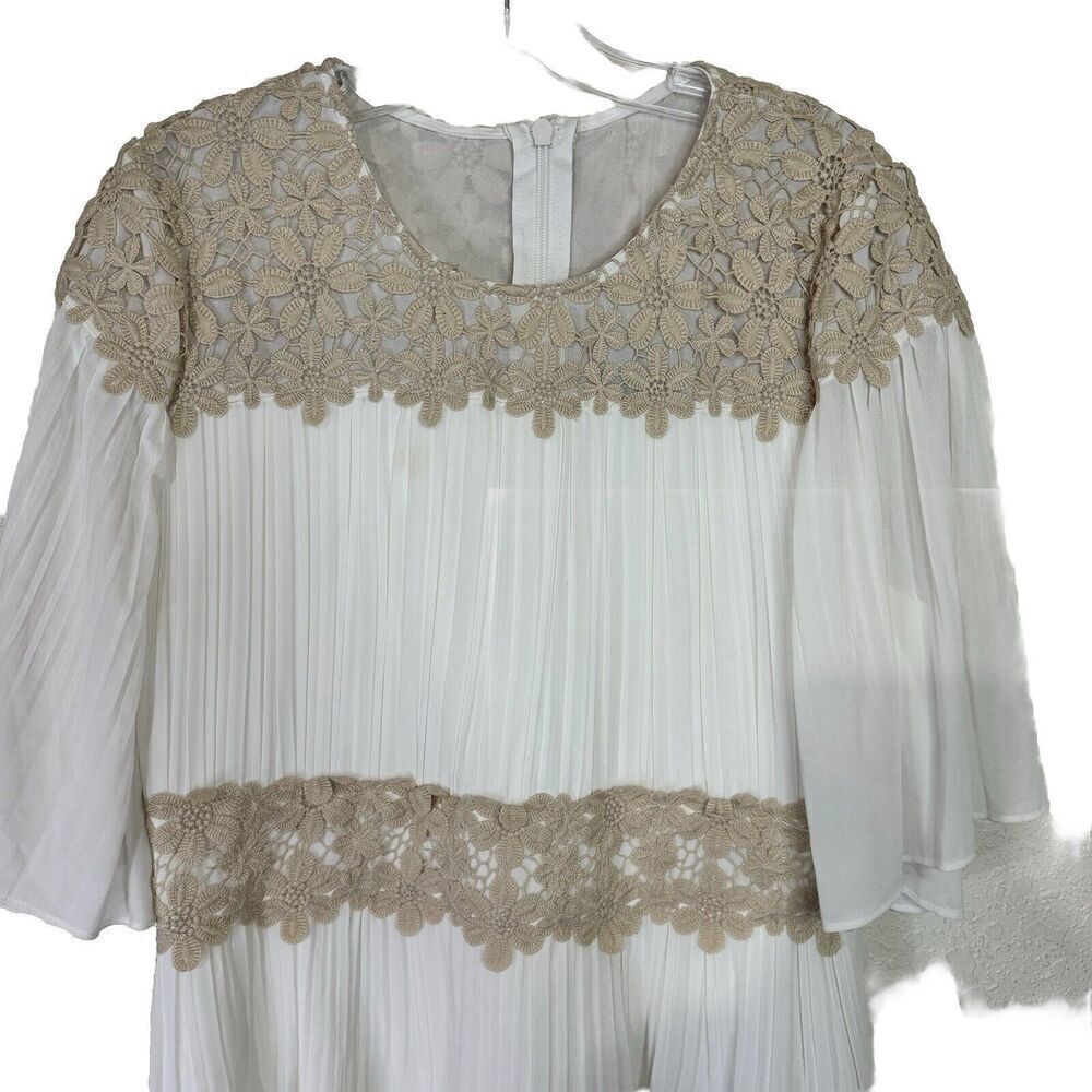 Lulus Westwind Beige Lace Pleated Dress Women Sz XL Wedding White Bell Sleeves - Picture 13 of 13